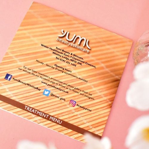 back of brochure for yumi beauty and skincare
