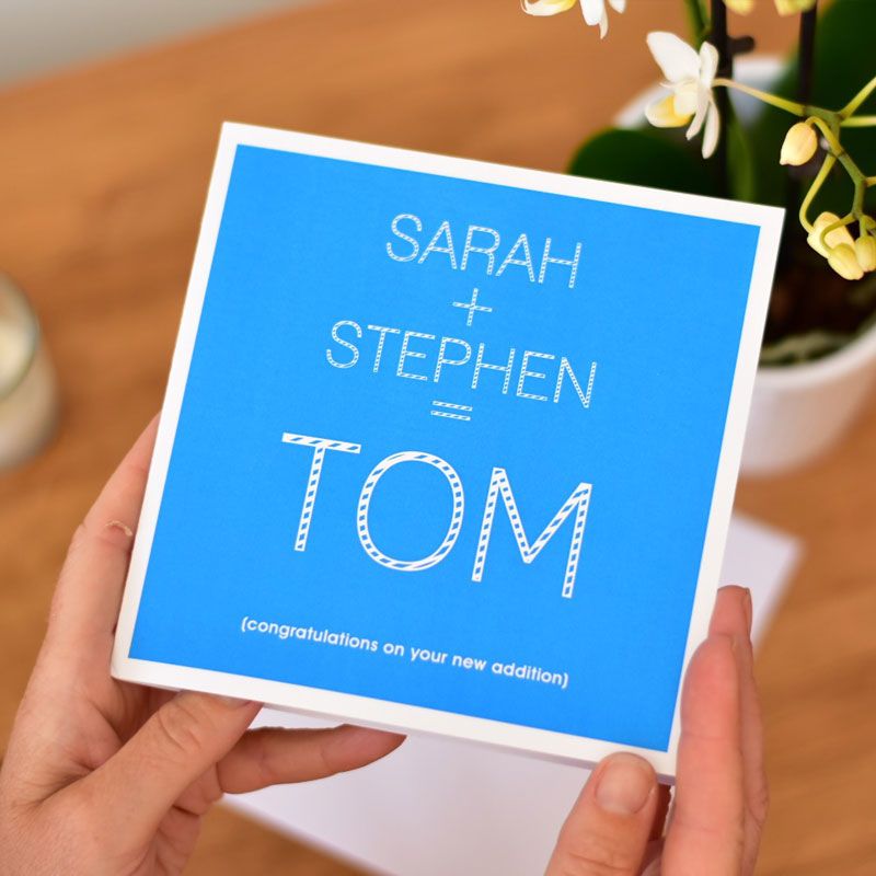personalised parents and baby names card in blue