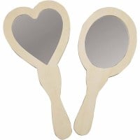 Fun hand mirrors of wood in 2 shapes ready for decoration - heart and oval.