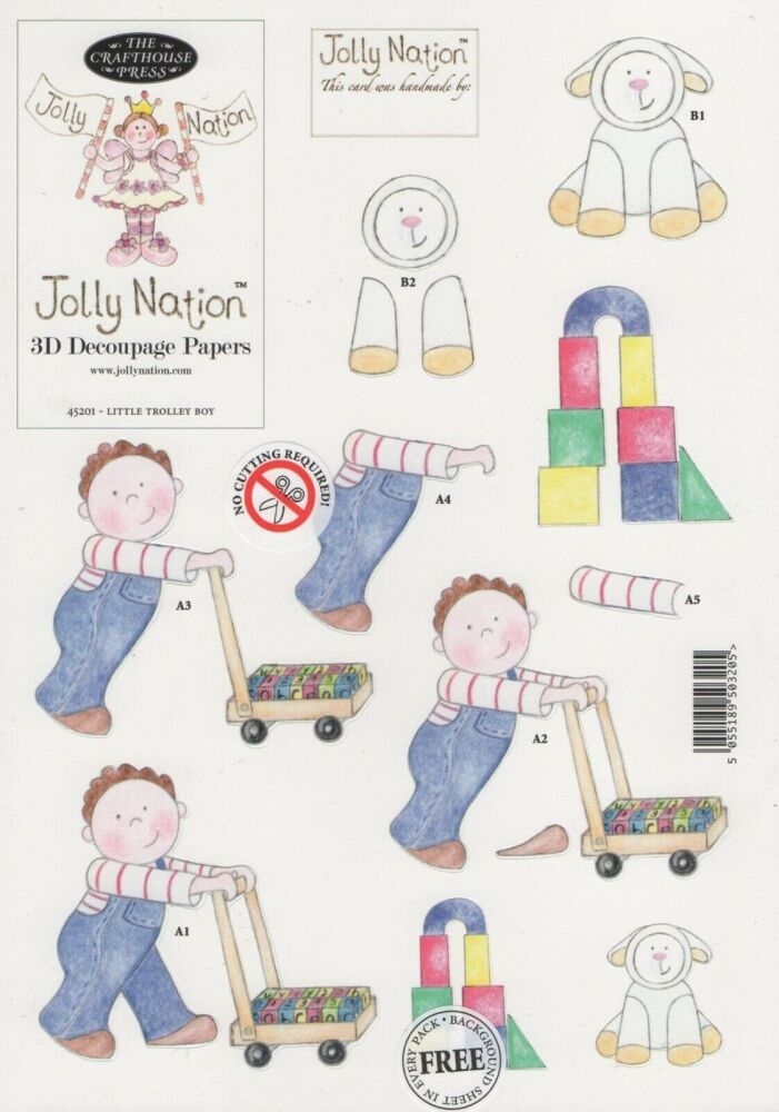 Jolly Nation - Little Trolley Boy - DC45201- Die cut decoupage with free background paper.