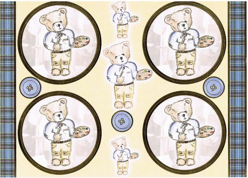 PCT8009 - Lovable Teddies - Tim - Foiled embossed paper craft toppers with paper ribbons and backing paper to match..