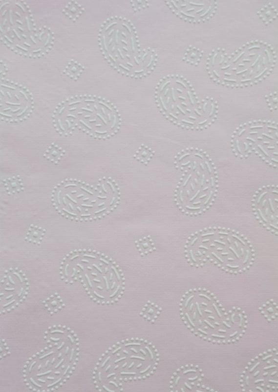 Embossed hand made paper with a light pink background. The white embossed design is raised for texture. A5 Pk of 15
