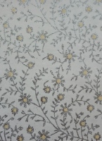 Beautiful hand made glittered paper. White background with silver glittered flower design with yellow dots.  A5. Pack of 10