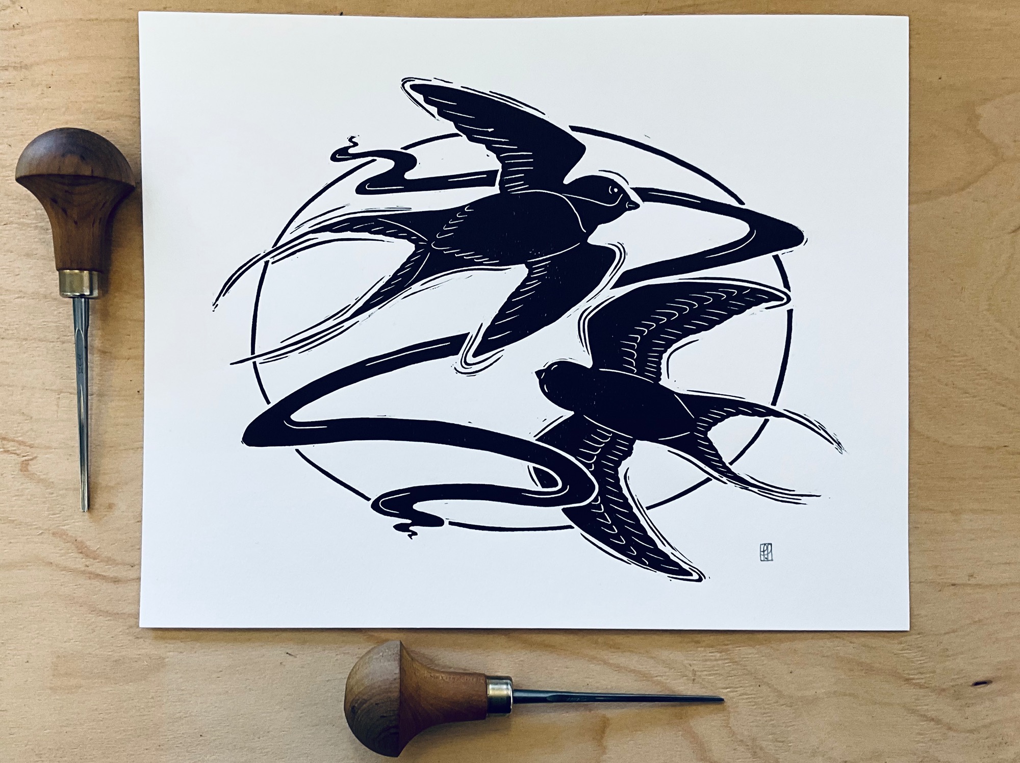 Original Linoprint of Swallows swooping in early morning mist, by Yorkshire Printmaker Frances Payne