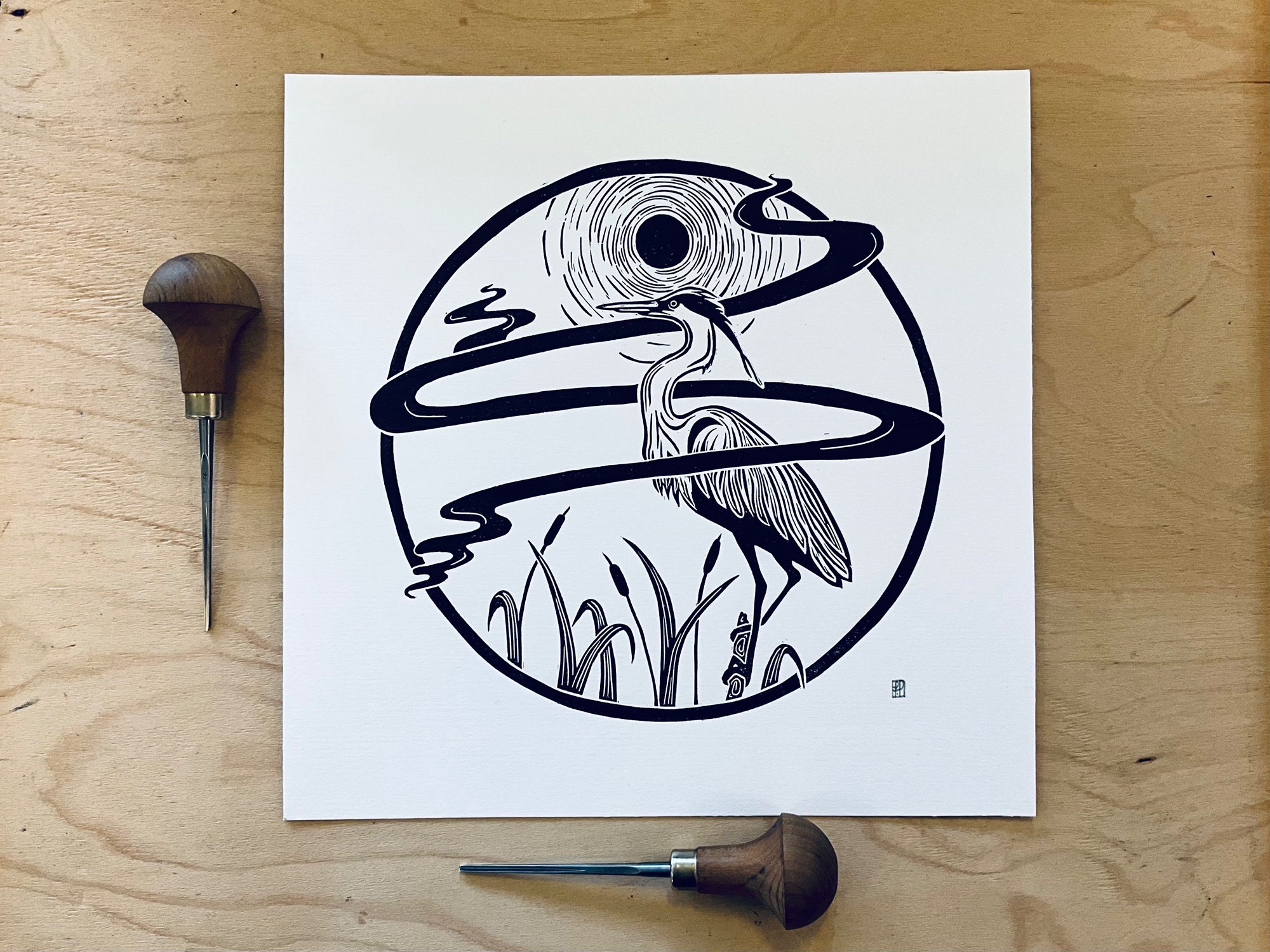 Original Linoprint of Heron standing in reeds among swirling mist, by British Artist & Printmaker Frances Payne