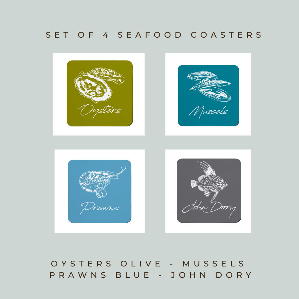4 Seafood Coasters - Melamine - Oysters, Mussels, Prawns & John Dory