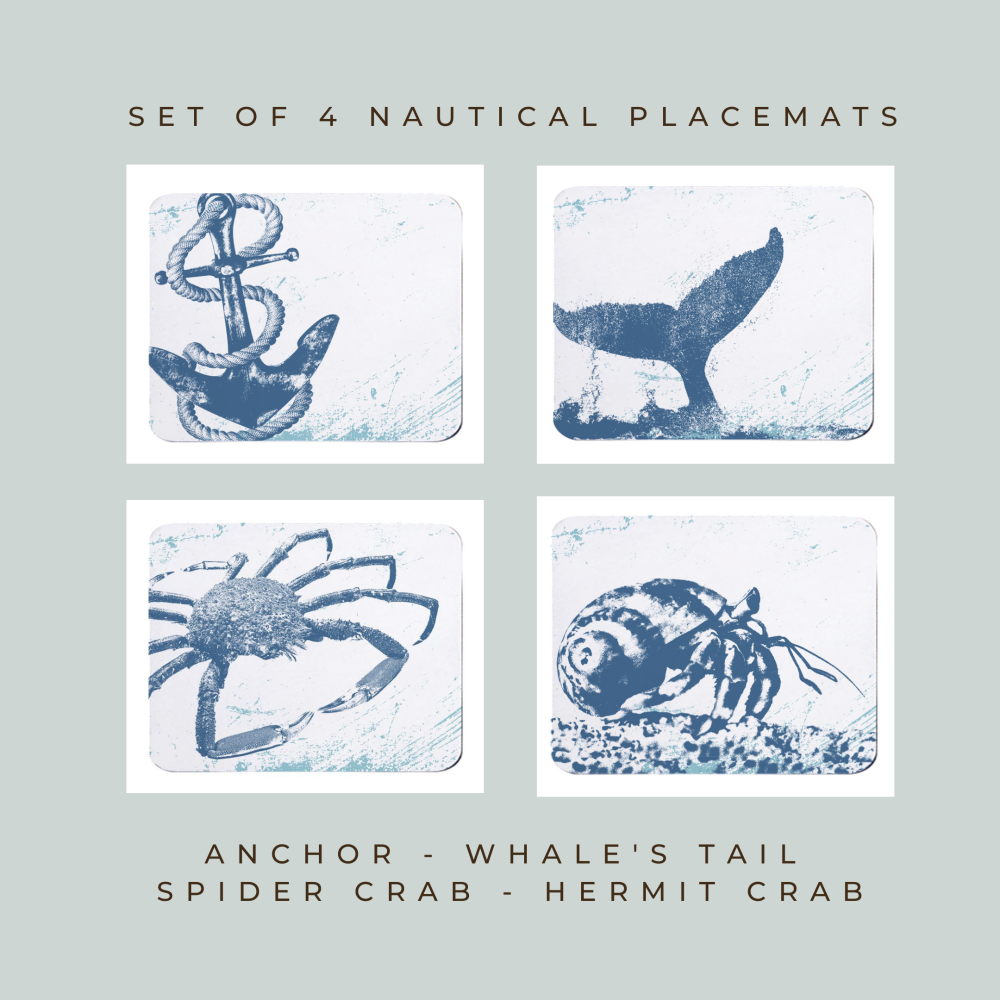 4 Placemats - Anchor, Whale's Tail, Spider Crab, Hermit Crab - Nautical Style
