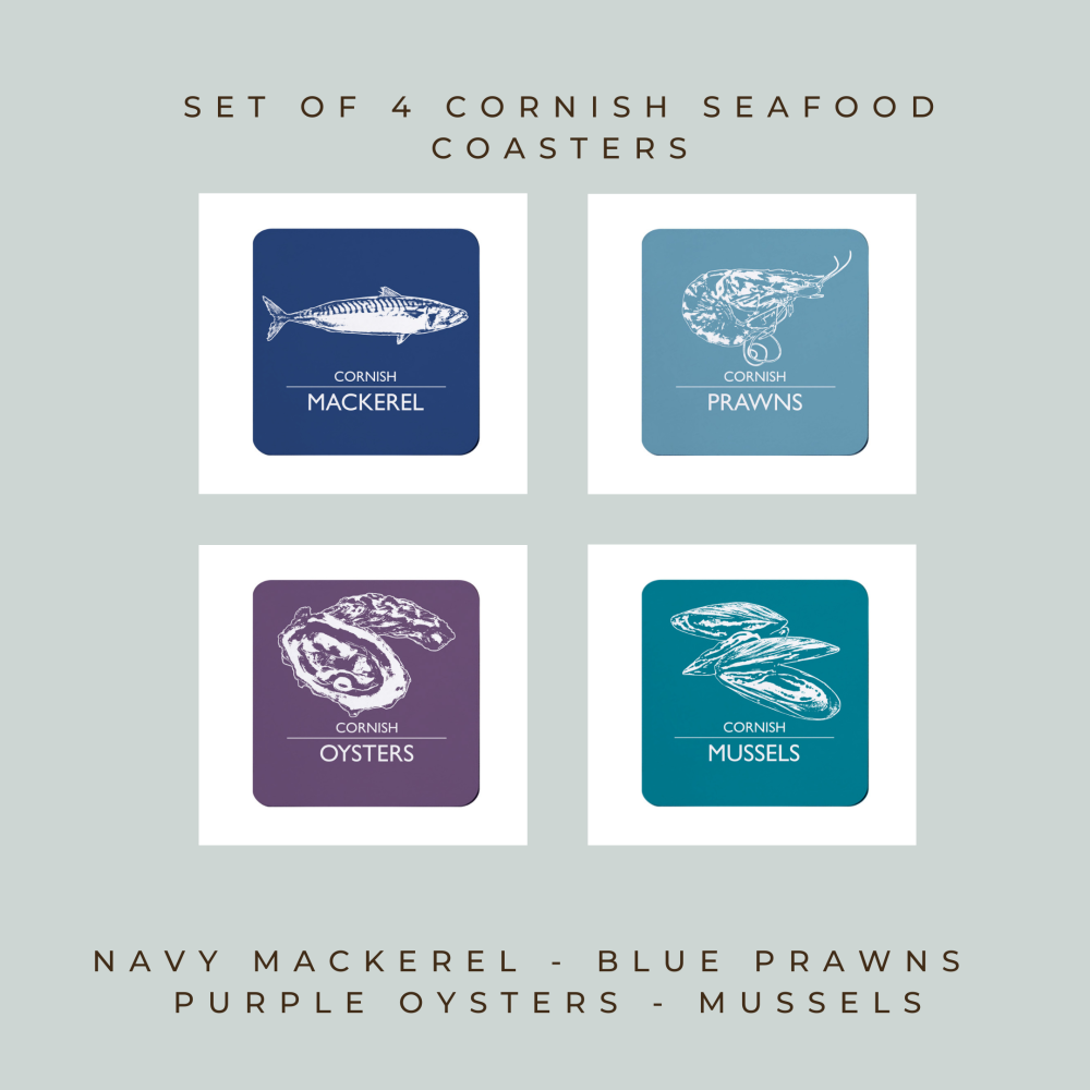 4 Cornish Seafood Coasters - Mackerel, Prawns, Oysters & Mussels