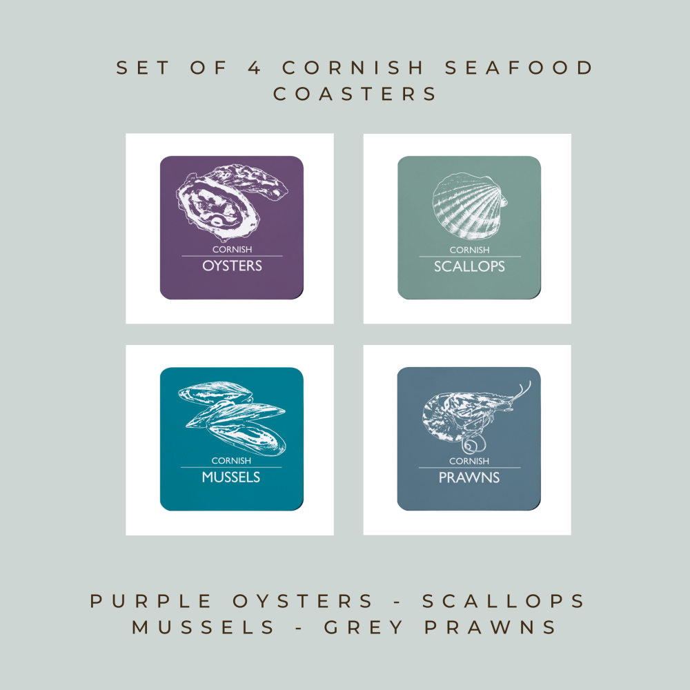 4 Cornish Seafood Coasters - Oysters, Scallops, Mussels & Prawns