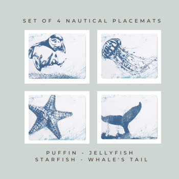 4 Placemats - Puffin, Jellyfish, Starfish, Whale's Tail - Nautical Style