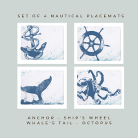 4 Placemats - Anchor, Ship's Wheel, Whale's Tail, Octopus - Nautical Style