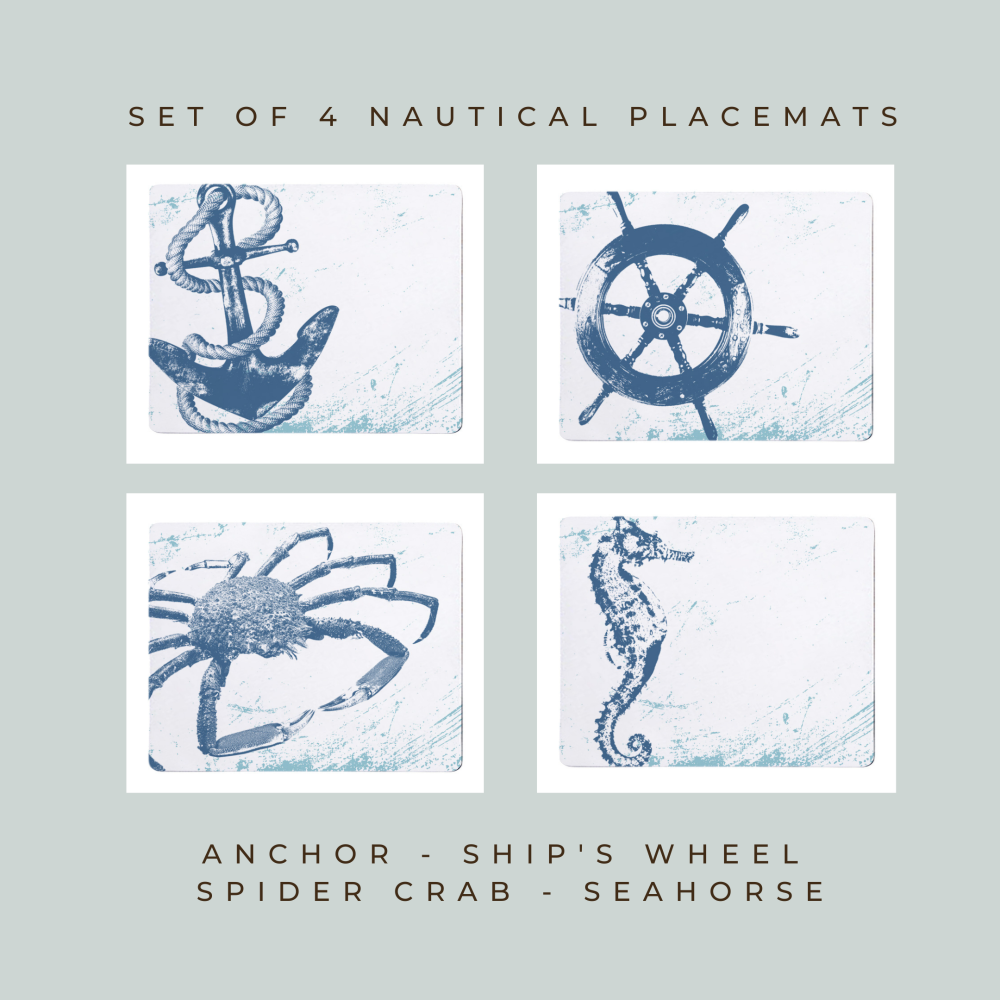 4 Placemats - Anchor, Ship's Wheel, Spider Crab, Seahorse - Nautical Style
