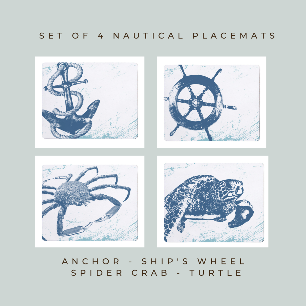 4 Placemats - Anchor, Ship's Wheel, Spider Crab, Turtle - Nautical Style