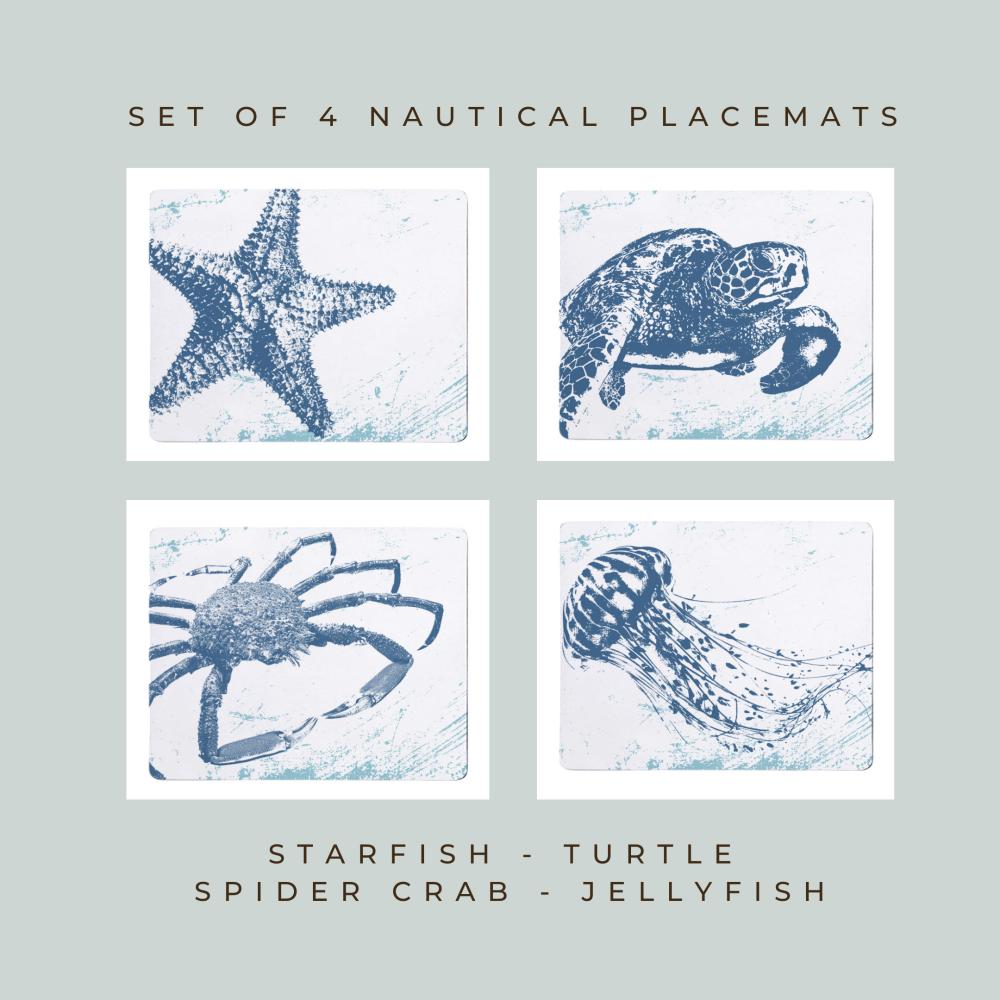 4 Premium Placemats - Starfish, Turtle, Spider Crab, Jellyfish - Nautical Style