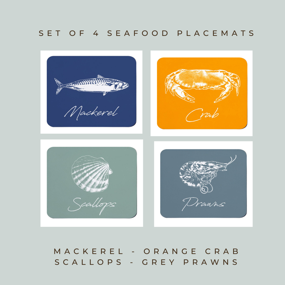 4 Seafood Placemats - Mackerel, Crab, Scallops & Prawns - Coastal Style