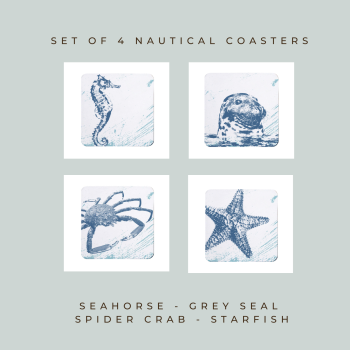 4 Nautical Coasters - Seahorse, Seal, Spider Crab, Starfish