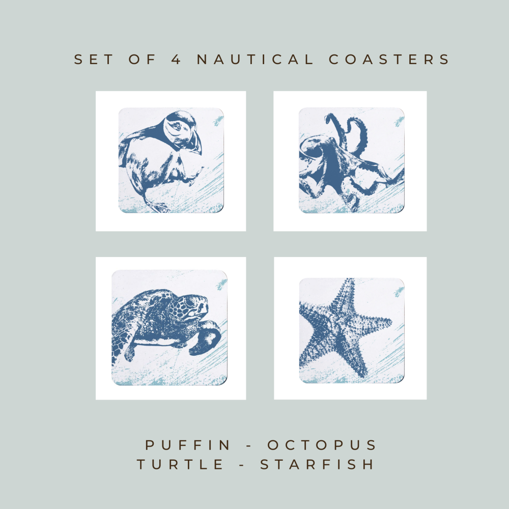 4 Nautical Coasters - Puffin, Octopus, Turtle & Starfish