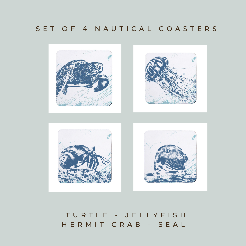 4 Nautical Coasters - Turtle, Jellyfish, Hermit Crab & Seal