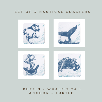 4 Nautical Coasters - Puffin, Whale's Tail, Anchor & Turtle