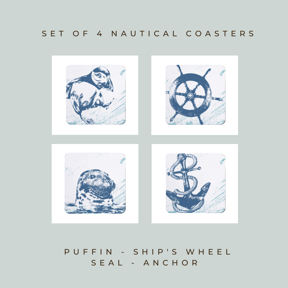 4 Nautical Coasters - Puffin, Ship's Wheel, Seal & Anchor