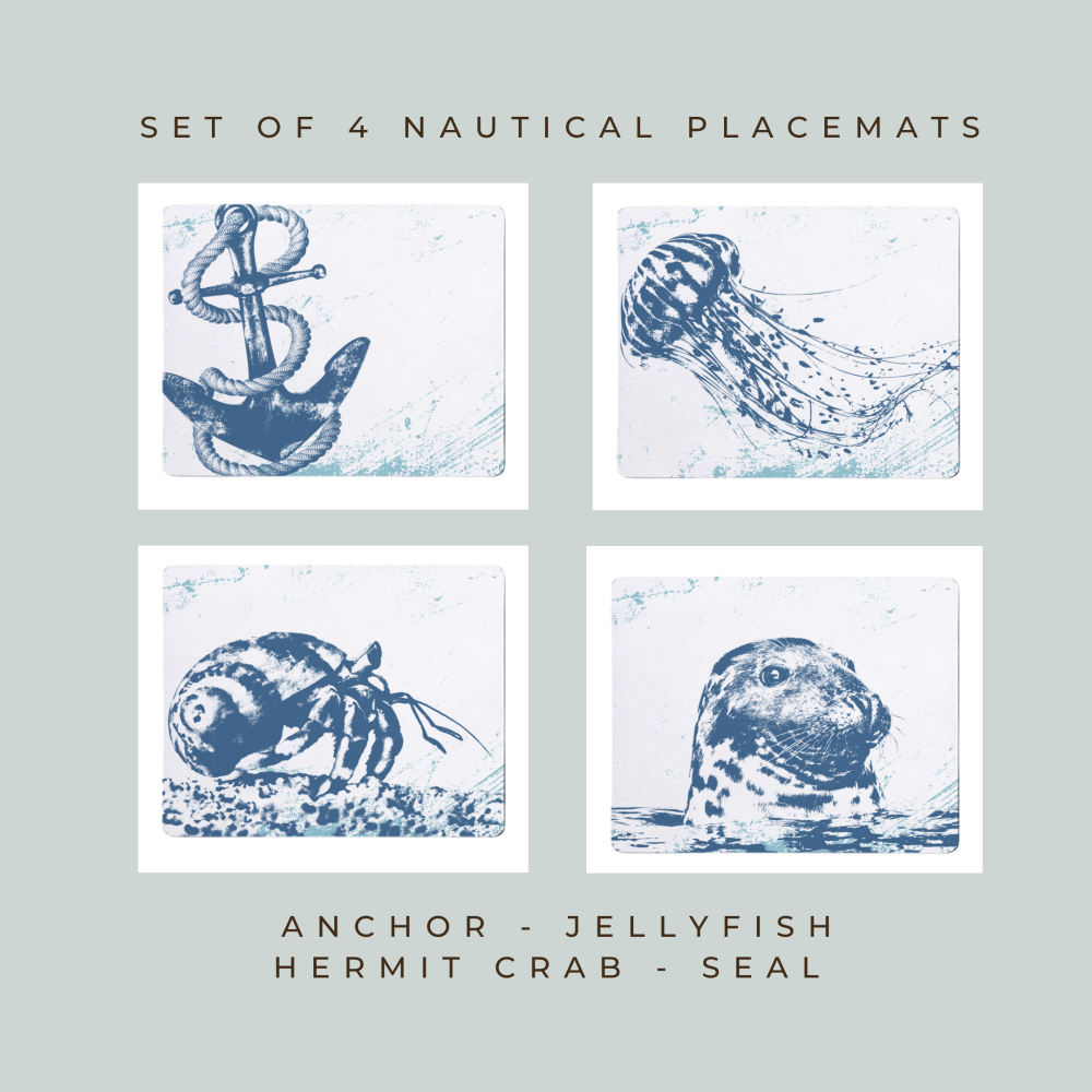 4 Placemats - Anchor, Jellyfish, Hermit Crab, Seal - Nautical Style