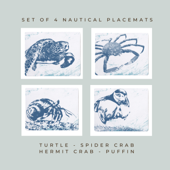 4 Placemats - Turtle, Spider Crab, Hermit Crab, Puffin - Nautical Style