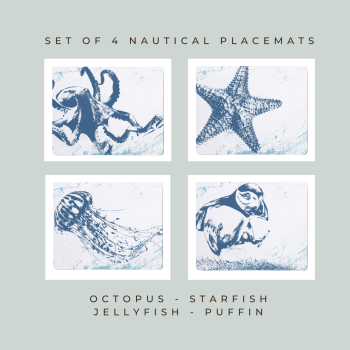 4 Placemats - Octopus, Starfish, Jellyfish and Puffin - Nautical Style