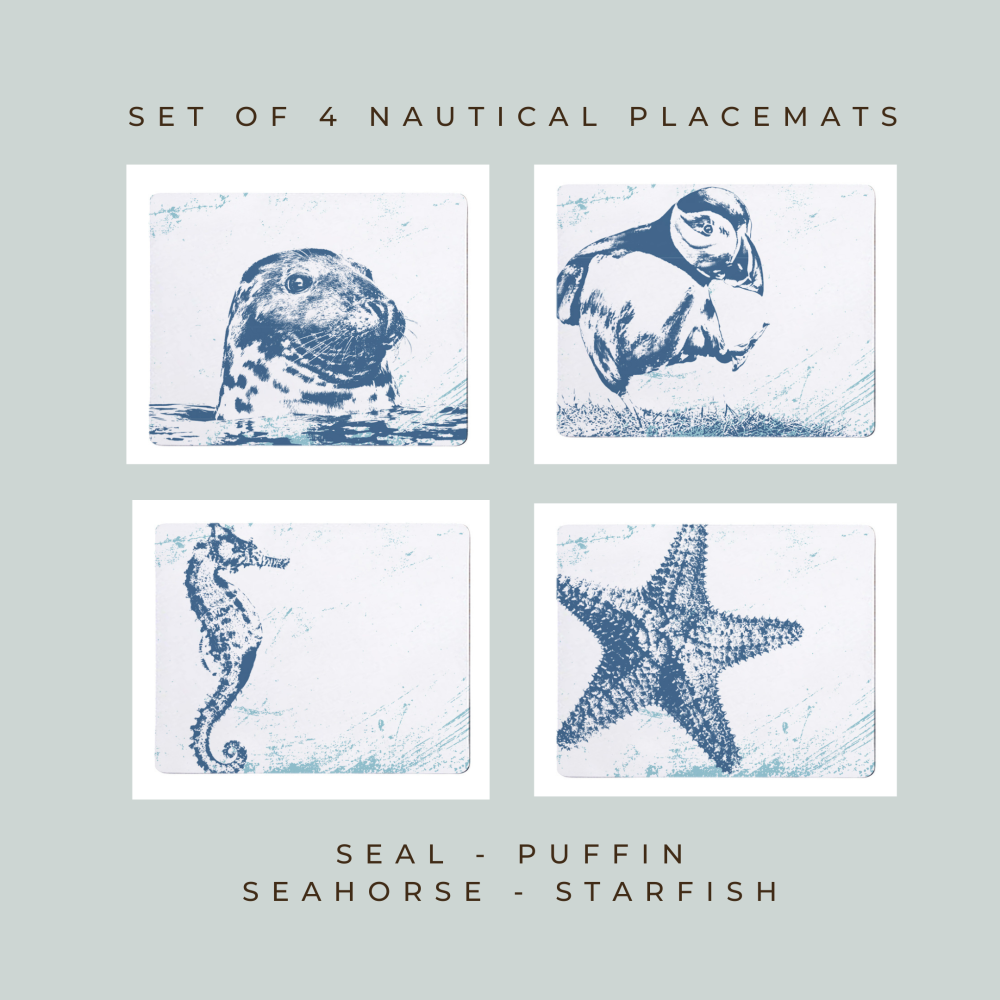 4 Placemats - Seal, Puffin, Seahorse, Starfish - Nautical Style