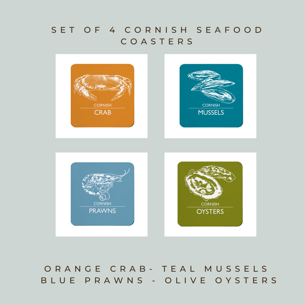4 Cornish Seafood Coasters - Crab, Mussels, Prawns, Oysters