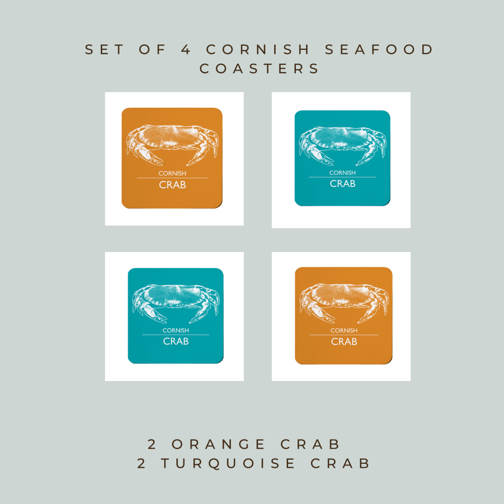 4 Cornish Seafood Coasters - 2 Orange Crab, 2 Turquoise Crab