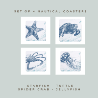 4 Nautical Coasters - Starfish, Turtle, Spider Crab & Jellyfish