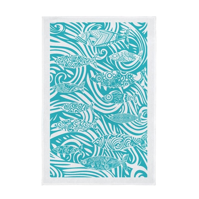 Shoal of Fish Screen Printed Tea Towel - Vibrant Turquoise