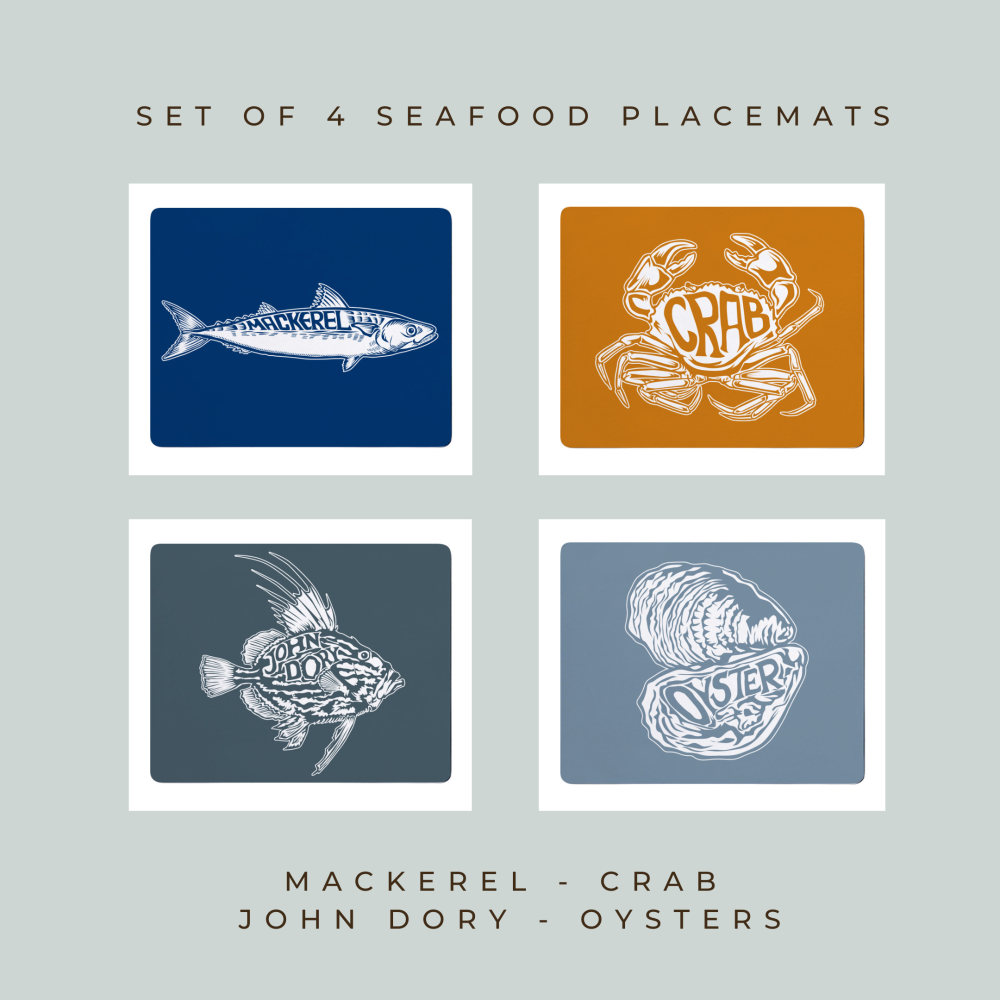 4 Premium Placemats - Mackerel, Crab, John Dory, Oyster - Nautical Style