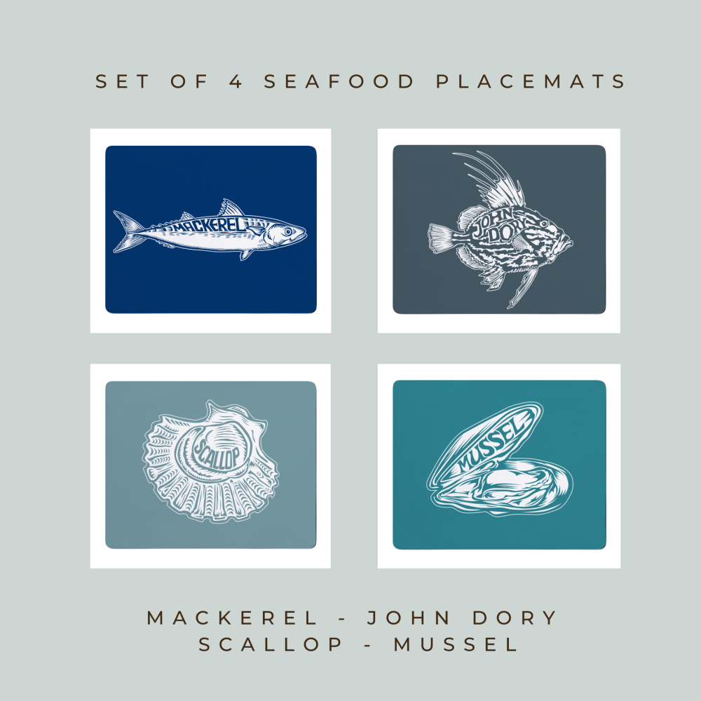 4 Premium Placemats - Mackerel, John Dory, Scallop, Mussel - Nautical Style