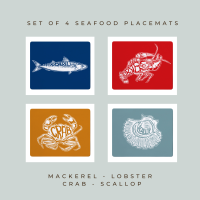 4 Premium Placemats - Mackerel, Lobster, Crab, Scallop - Nautical Style