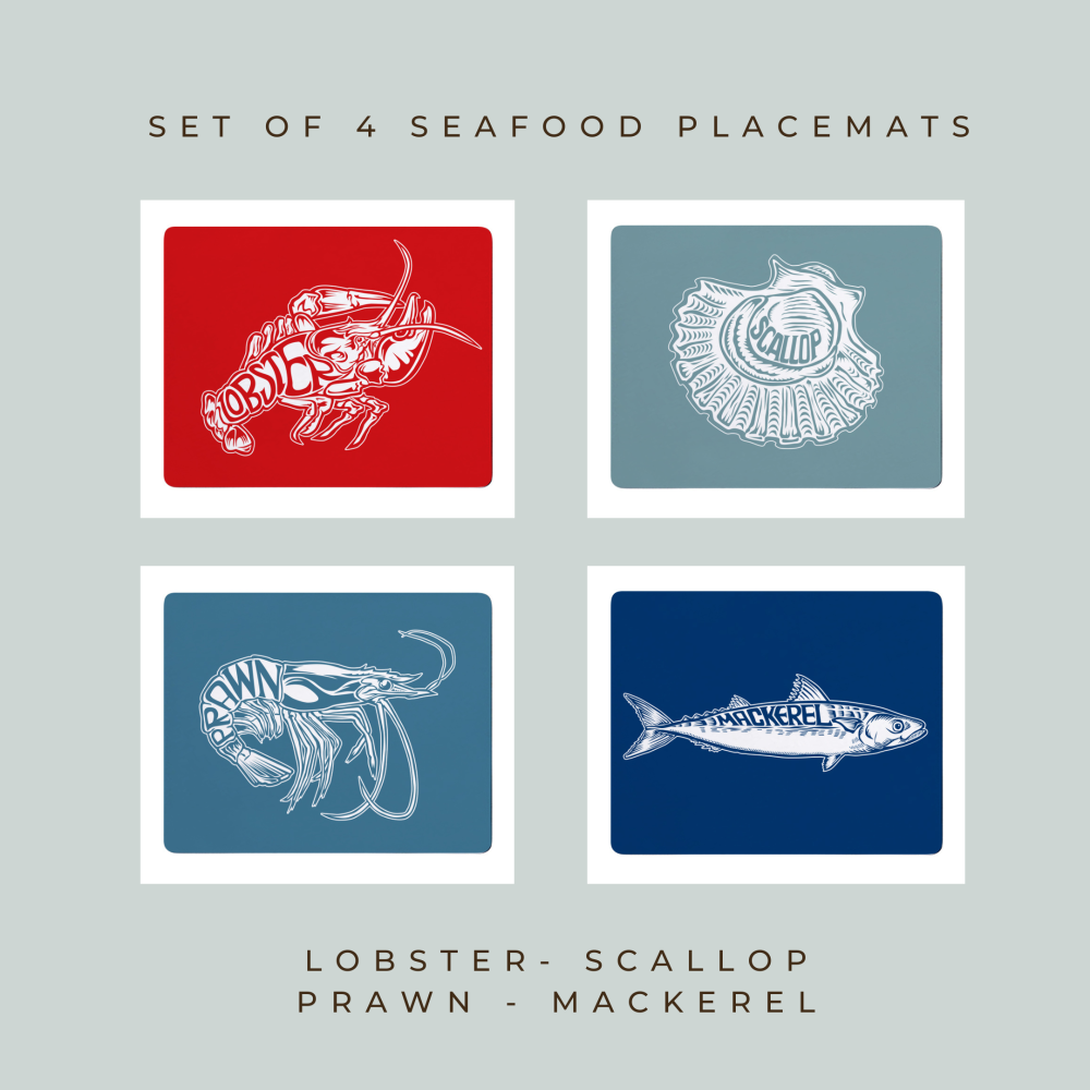 4 Premium Placemats - Lobster, Scallop, Prawn, Mackerel - Nautical Style