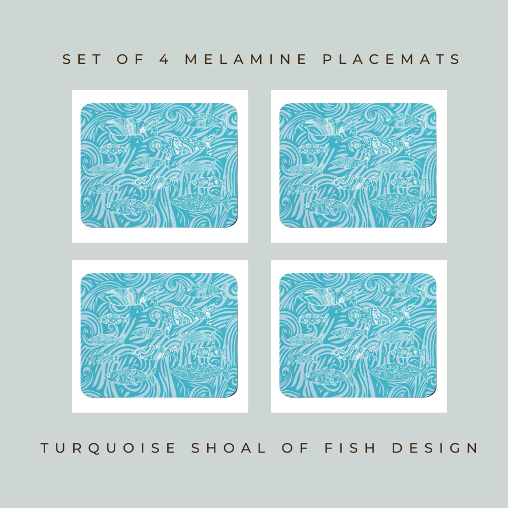 4 Shoal of Fish Premium Placemats - Turquoise Melamine - Coastal Style