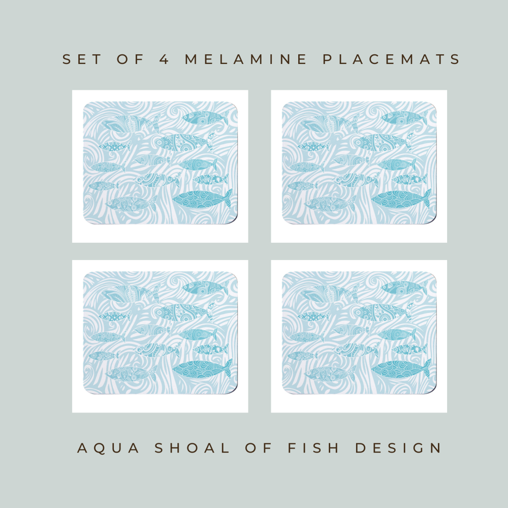 4 Shoal of Fish Premium Placemats - Aqua Melamine - Coastal Style