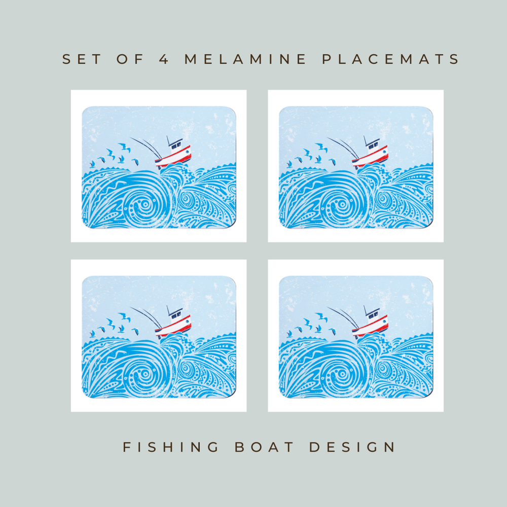 4 Fishing Boat Premium Placemats - Turquoise Melamine - Coastal Style