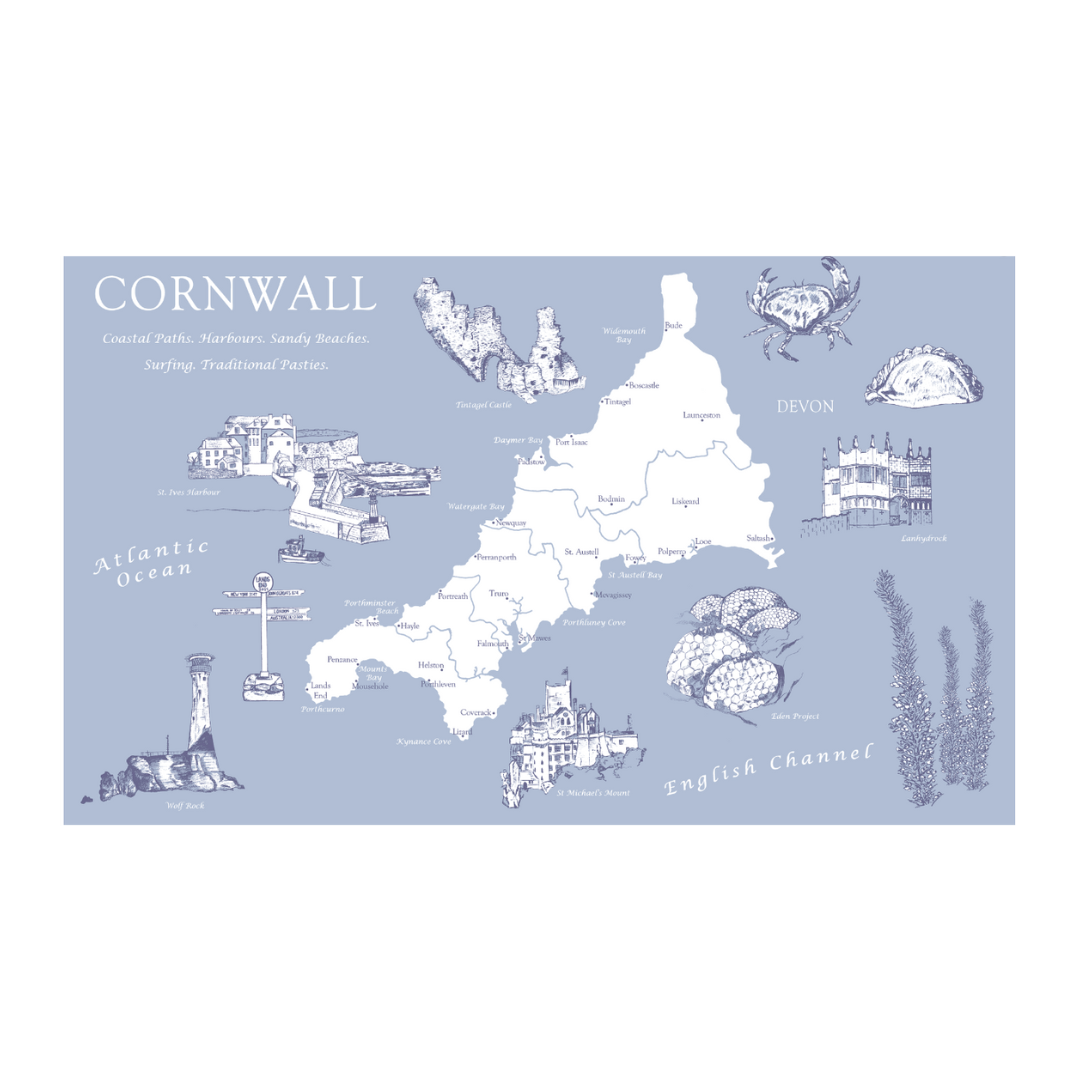 Map of Cornwall Tea Towel - 100% Cotton