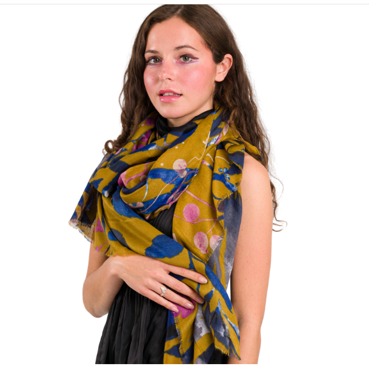 Super soft Autumn Leaves design scarf in mustard