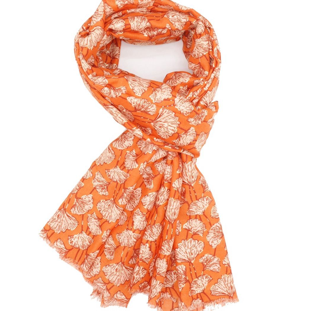 Super soft Golden Ginkgo design scarf in orange