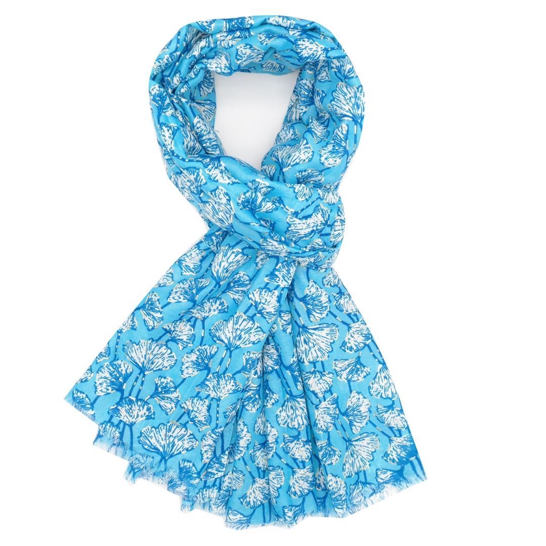 Super soft Golden Ginkgo design scarf in blue