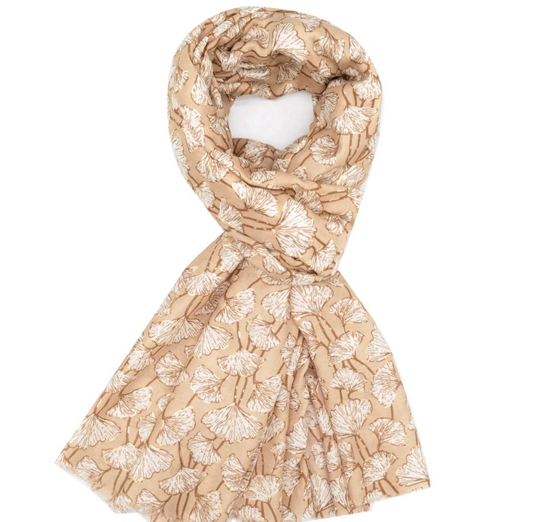 Super soft Golden Ginkgo design scarf in beige