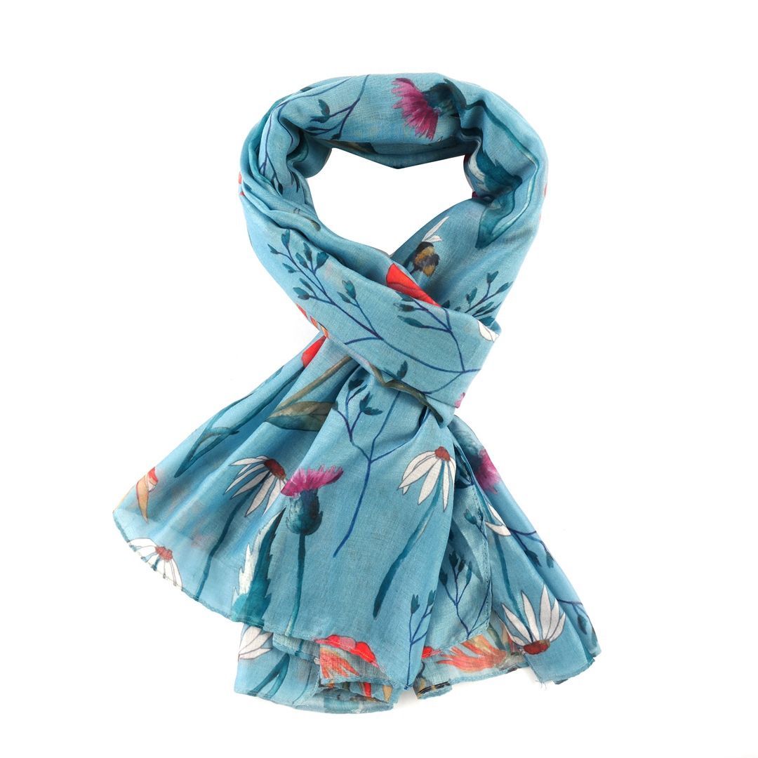Super soft Meadow design scarf in duck egg blue