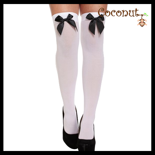 Hold-Up Stockings White With Black Bow