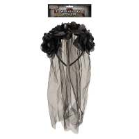 Bride Headband With Black Flowers And Veil