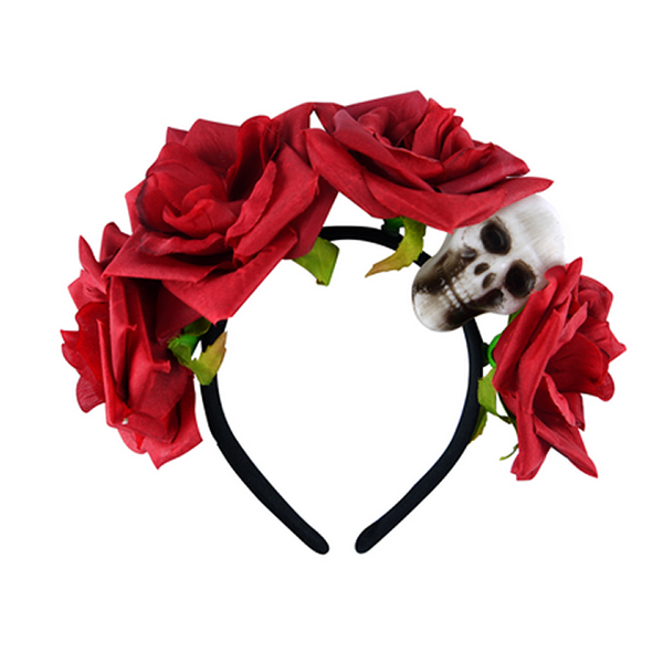 Black Headband With Skull & Flowers