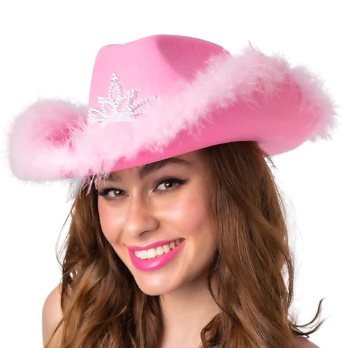 Pink Cowgirl Hat With Tiara & Feathers