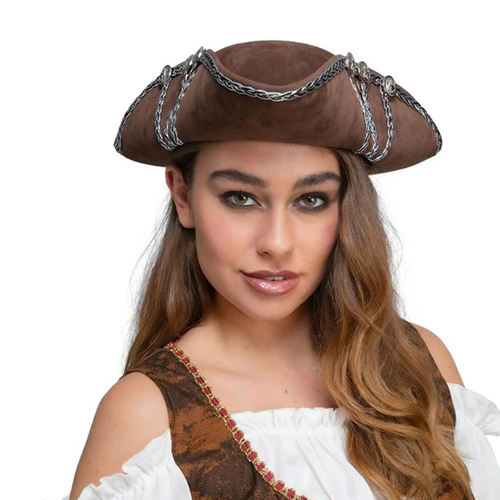 Deluxe Brown Pirate Hat With Silver trim